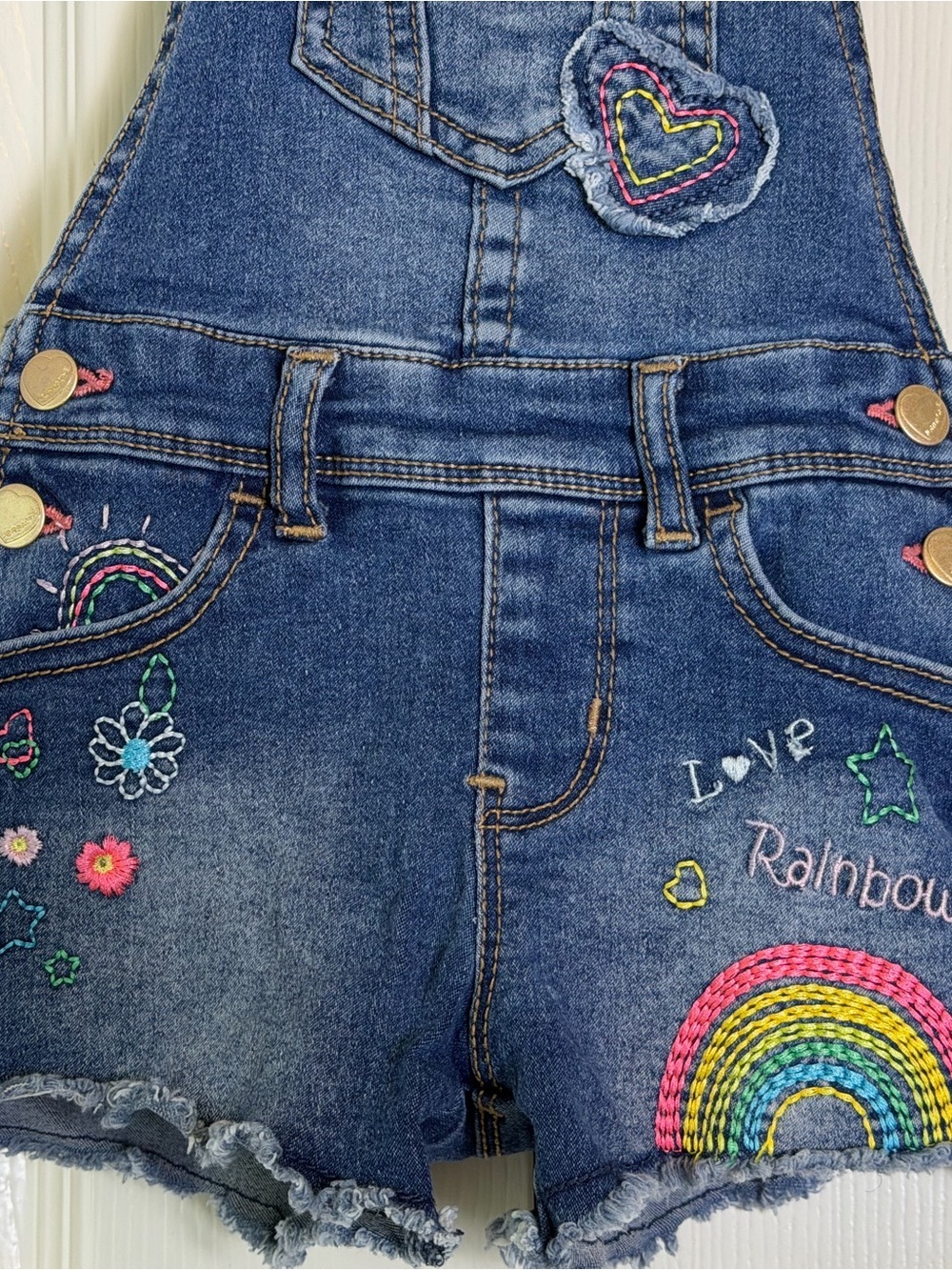 Jordache Blue Denim Girls Rainbow Embroidered Short Overalls - Picture 3 of 7